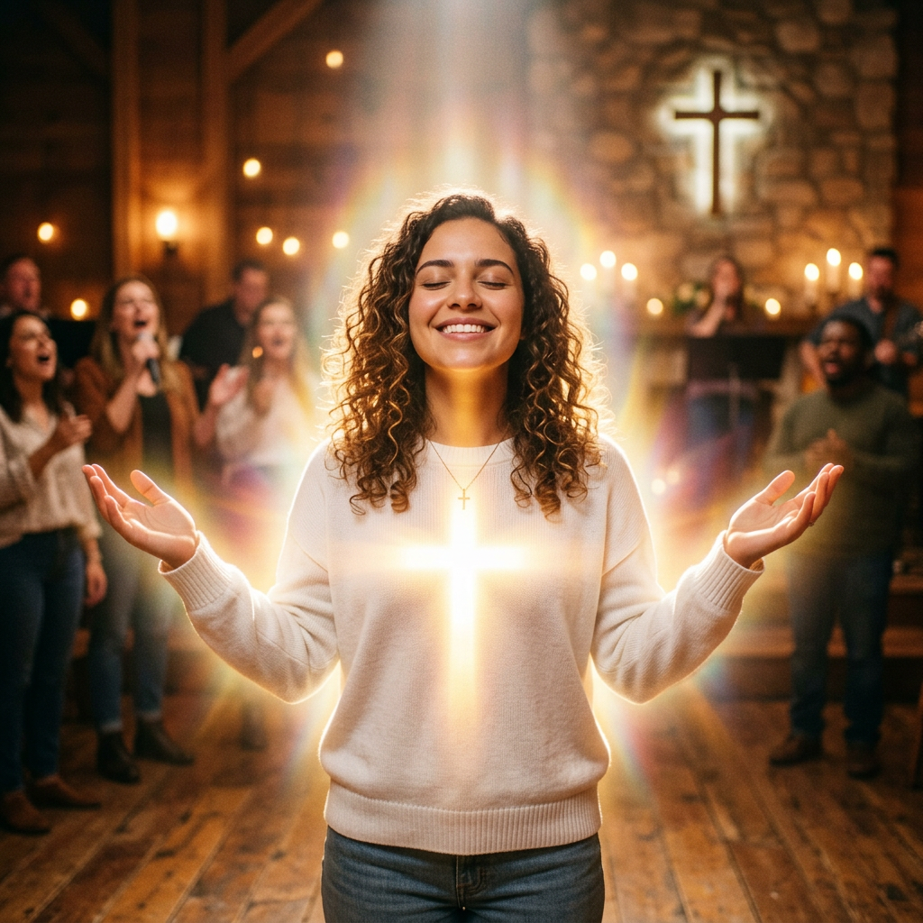 Woman with glowing cross on sweater worshipping with eyes closed in church