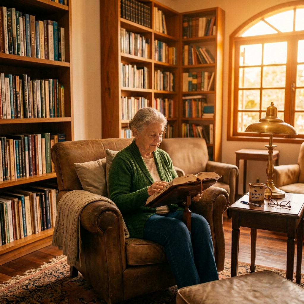 Older woman reading a book in a cozy library armchair